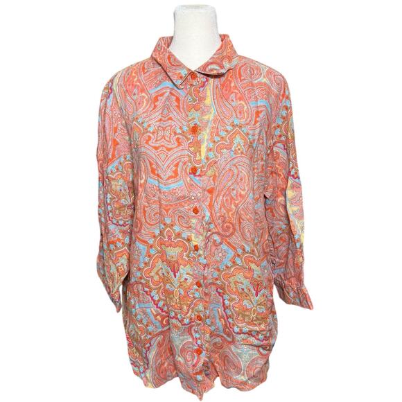 Chicos No Iron Button Down Top Size 3 (XL) Linen 3/4 Sleeve Paisley Funky Blouse - Picture 1 of 12